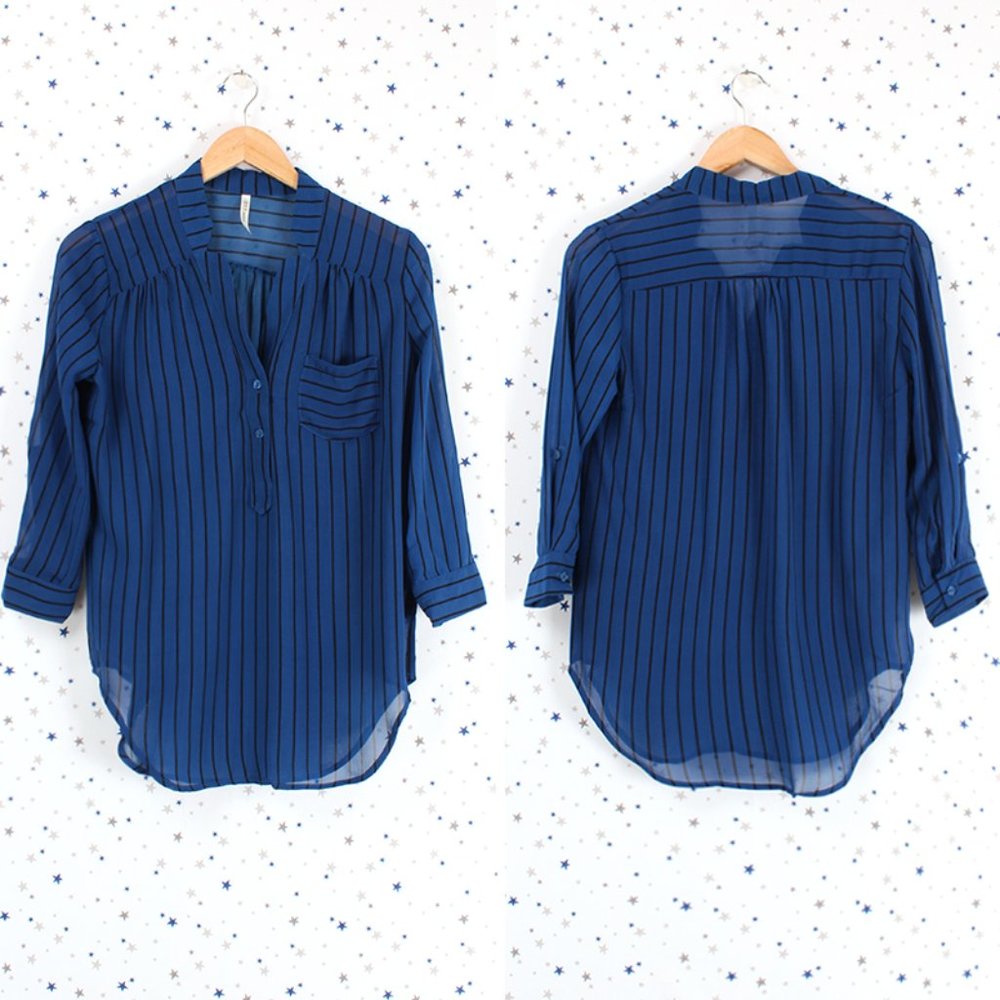 3/4 Sleeve Sheer Stripe Blouse Top Royal Blue